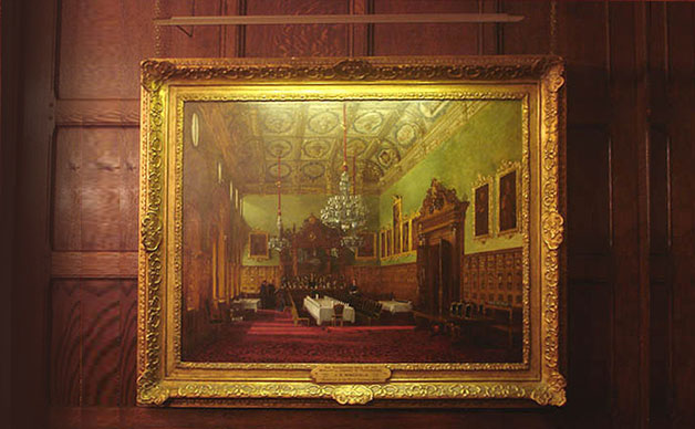ironmongers halls, oak panelled hall with hogarth contemporary picture light
