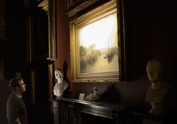 hogarth picture lights lighting petworth house mr.turner exhibition view of 2 canvases